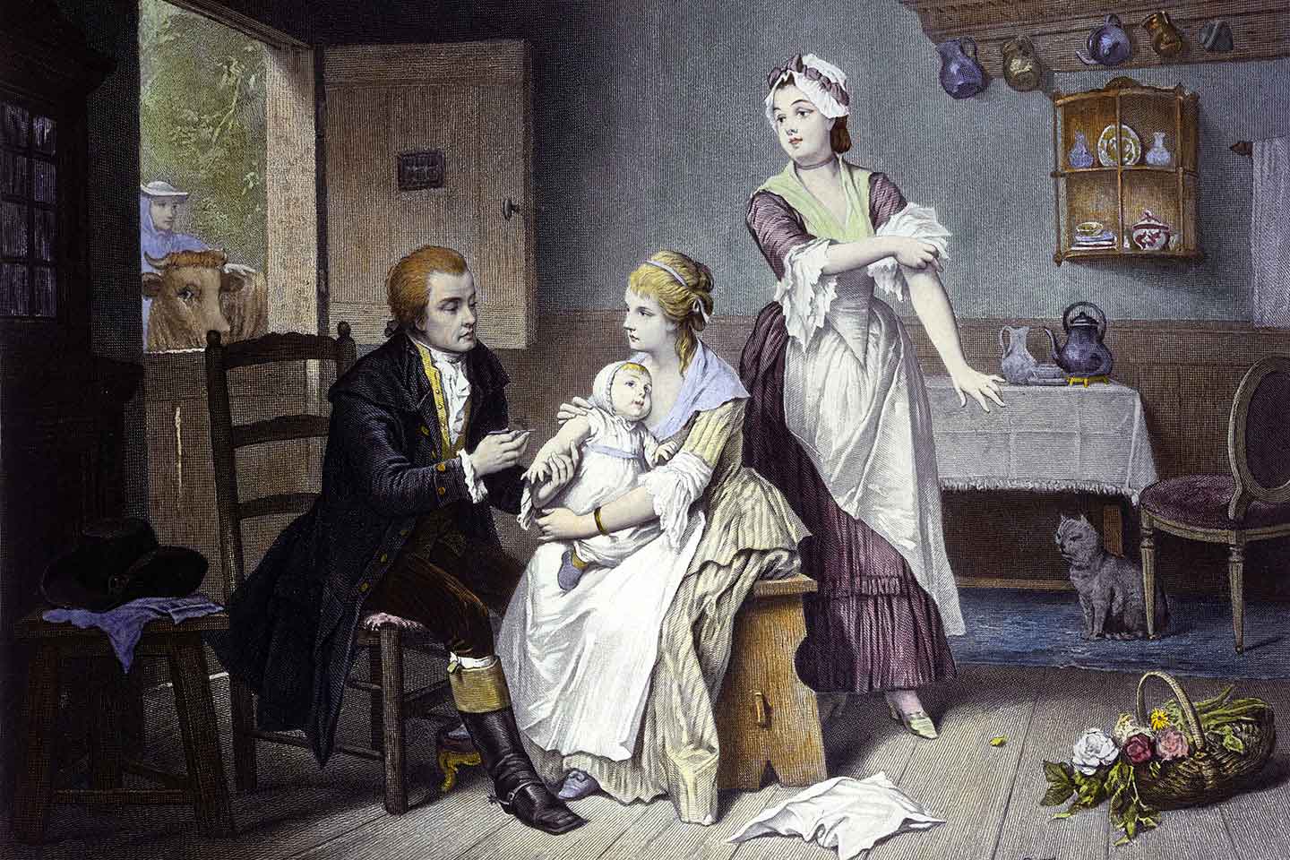 Edward Jenner mentre vaccina suo figlio tra le braccia di Mrs Jenn Wellcome